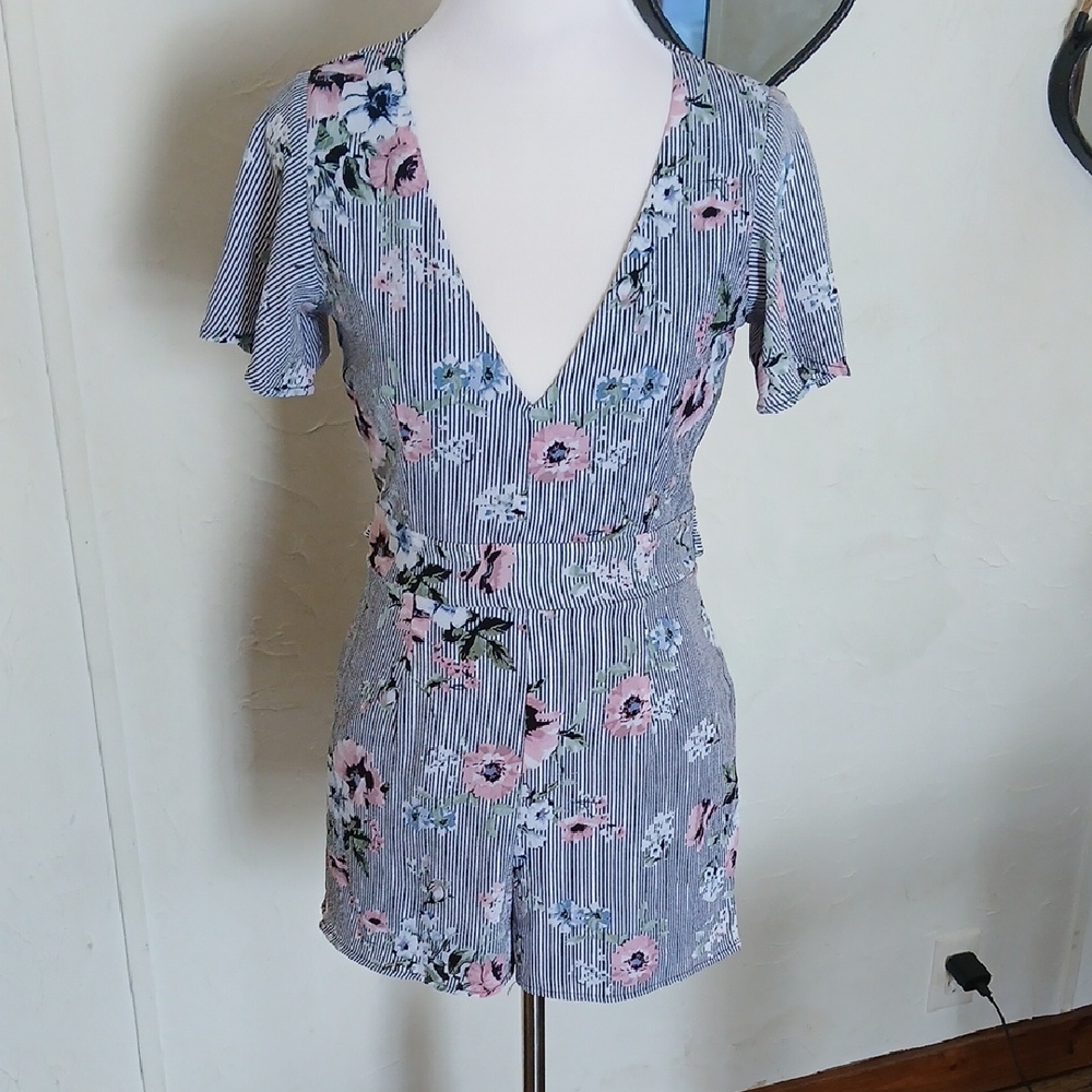 V-Neck Floral and Stripe Romper